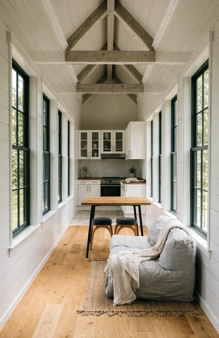 A bright open-concept tiny home interior featuring a compact kitchen and living area.