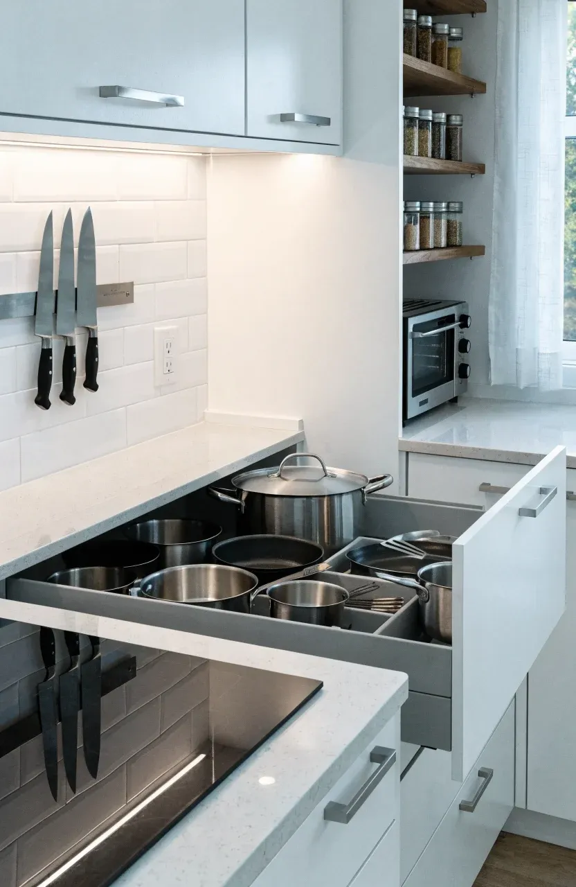 A micro-kitchen featuring pull-out drawers, magnetic knife strips, and an induction cooktop.