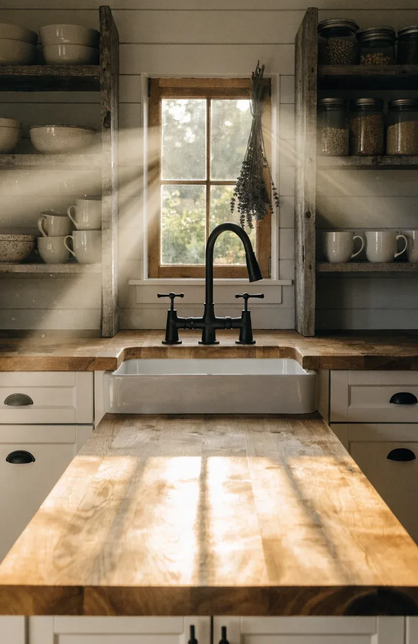 A tiny farmhouse kitchen with butcher block counters, white cabinets, and reclaimed wood shelves.