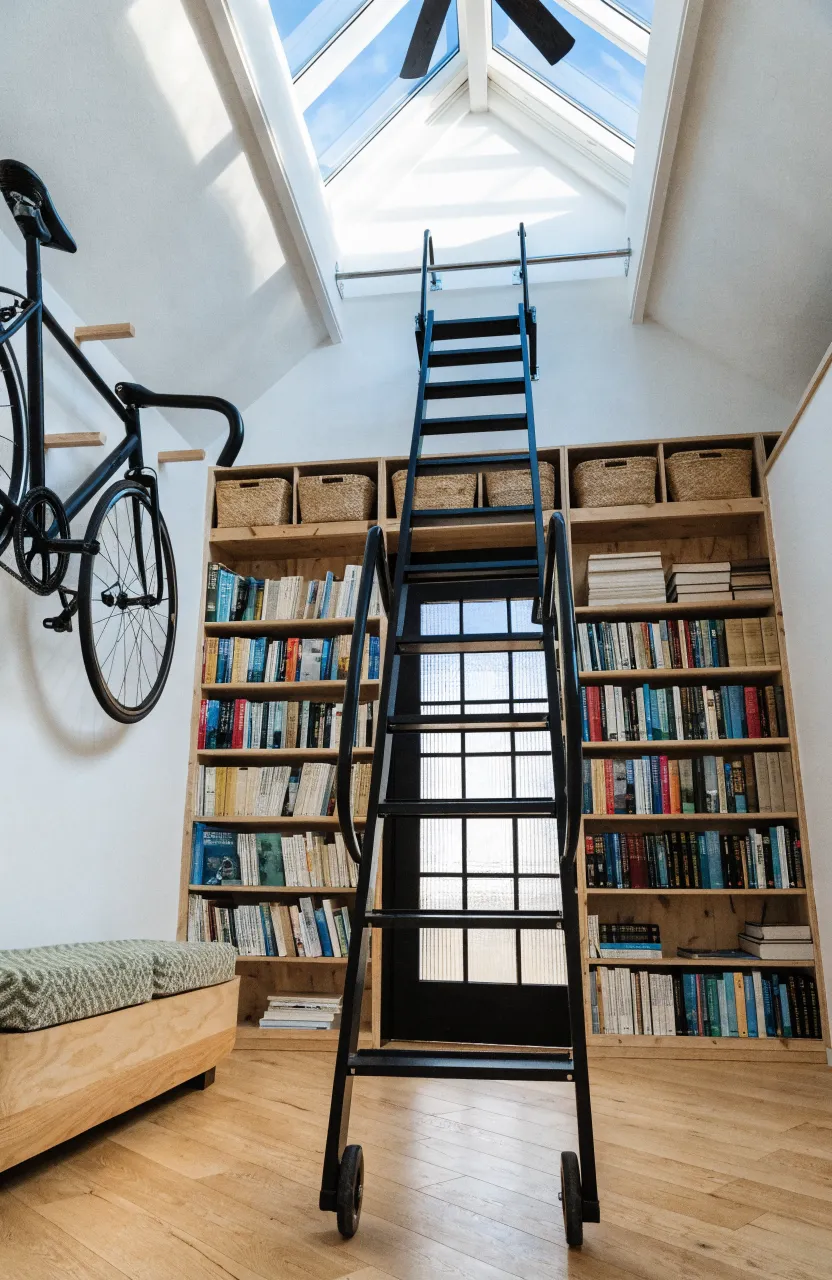 A tiny home interior showing floor-to-ceiling shelves with a library ladder and a wall-mounted bike.