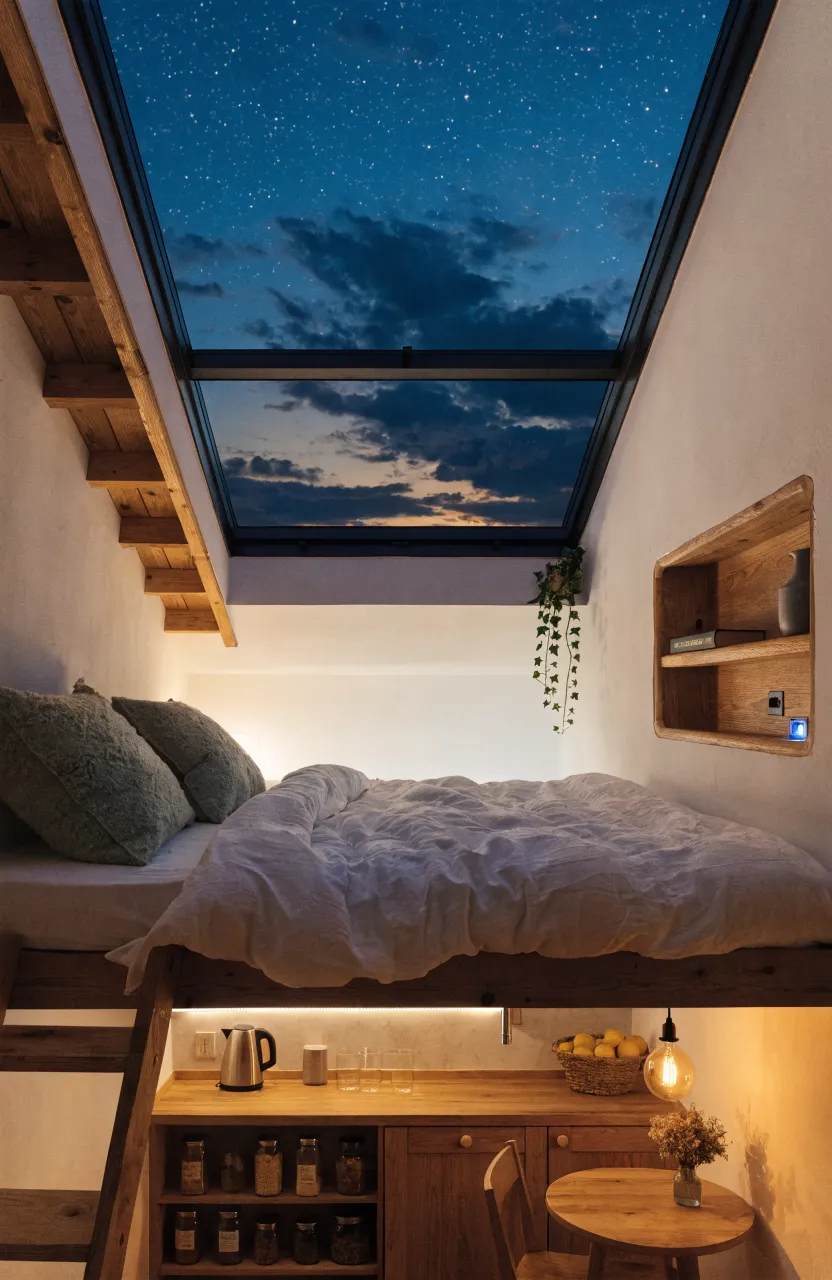 A cozy tiny home interior featuring a sleeping loft with a skylight above a warm kitchen.