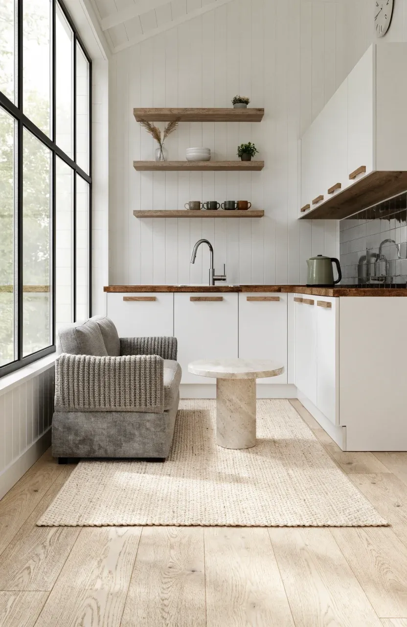 A bright tiny home interior showing a seamless transition from a small kitchen to a cozy living area.