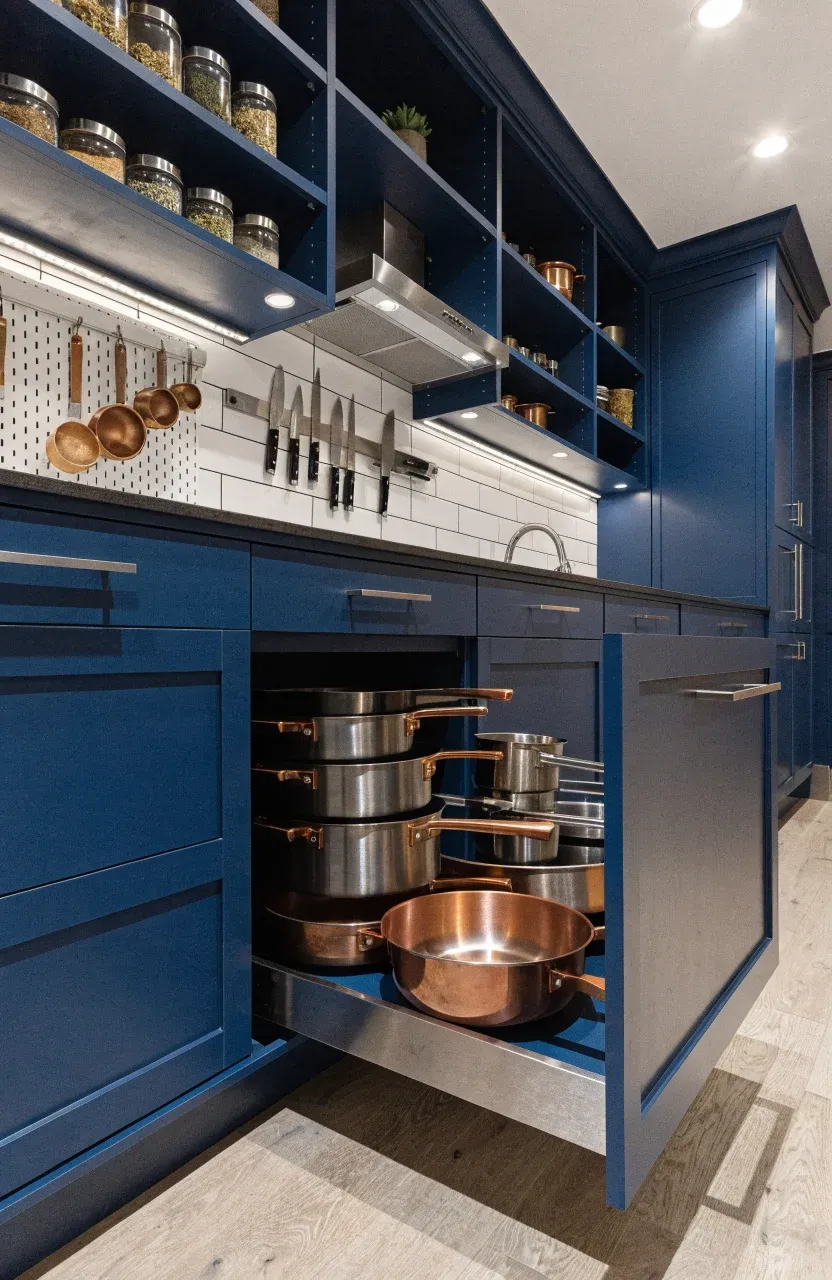 A micro kitchen featuring floor-to-ceiling navy cabinets, a magnetic knife strip, and deep drawers.