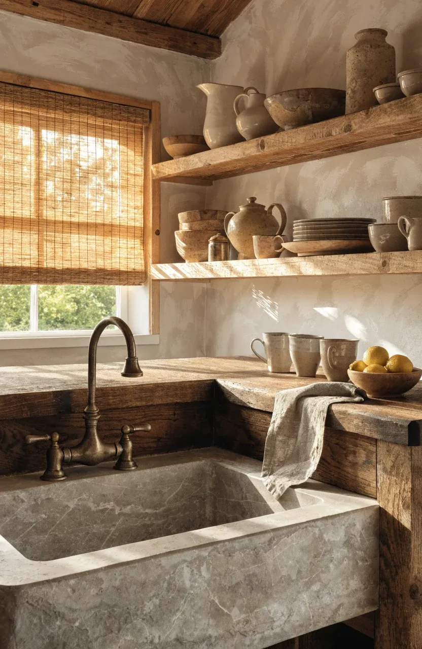 A cozy kitchen with a butcher block countertop, stone sink, and open wooden shelves in warm light.