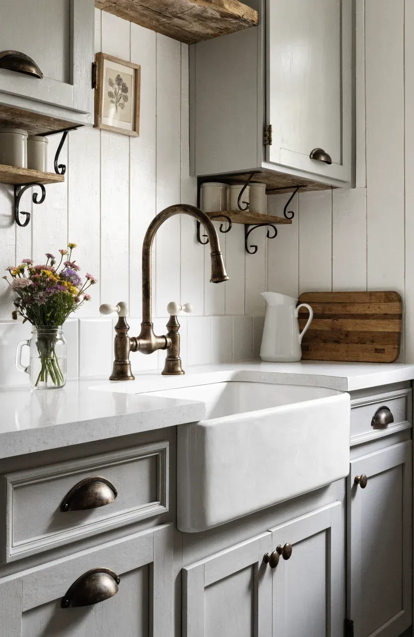 A tiny farmhouse kitchen with an apron-front sink, shiplap walls, and reclaimed wood accents.