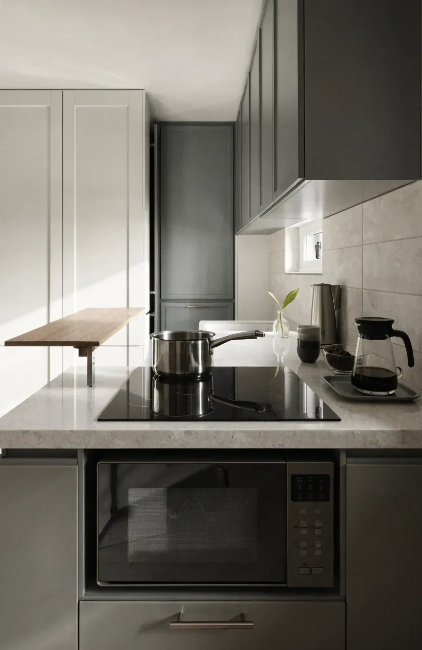 An efficient tiny house kitchen with an induction cooktop, compact oven, and coffee station.