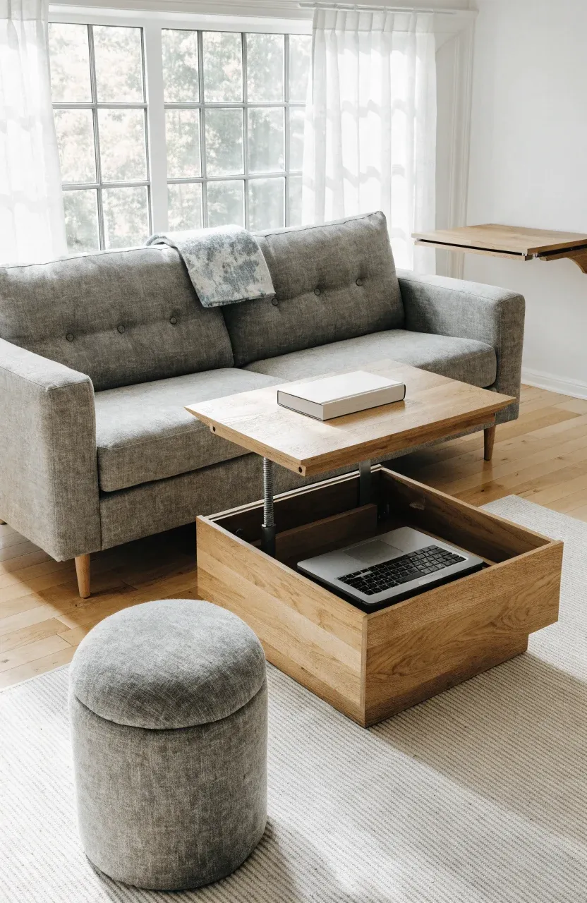 A tiny house living room with a lift-top coffee table, storage sofa, and wall-mounted desk.