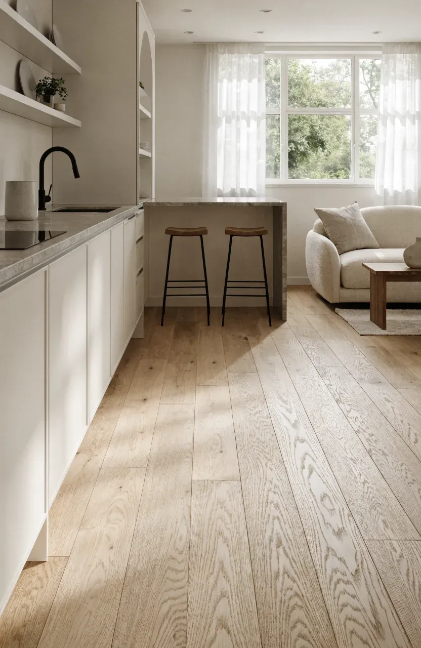 A bright tiny home interior showing a seamless transition from a compact kitchen to a cozy lounge.