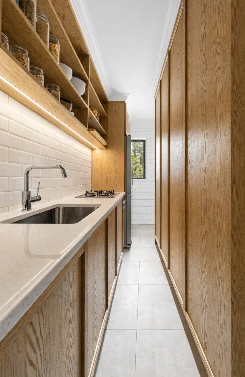 A narrow, efficient single-wall tiny kitchen with tall vertical cabinets and a deep sink.