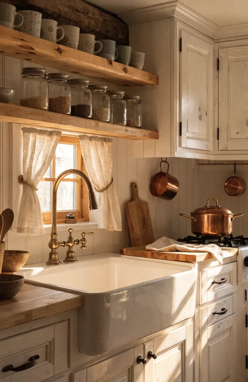 A cozy tiny farmhouse kitchen with a white apron-front sink, copper pots, and open wood shelving.