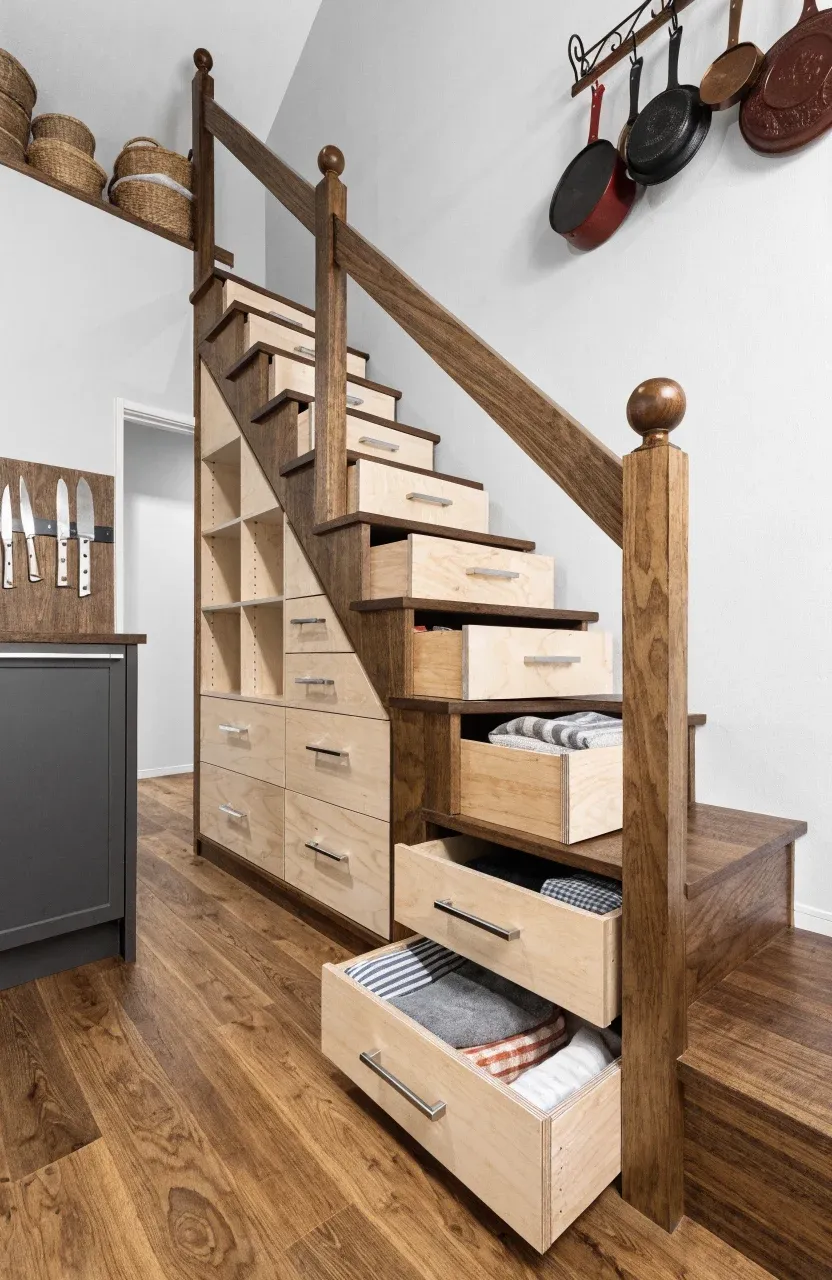 A tiny home interior featuring staircase drawers, magnetic wall racks, and hidden storage nooks.