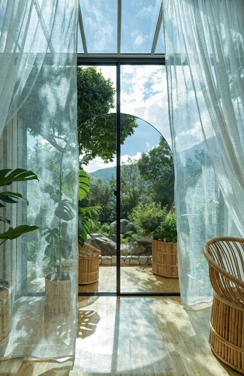 A bright tiny home with floor-to-ceiling glass doors, a large mirror, and bamboo flooring.