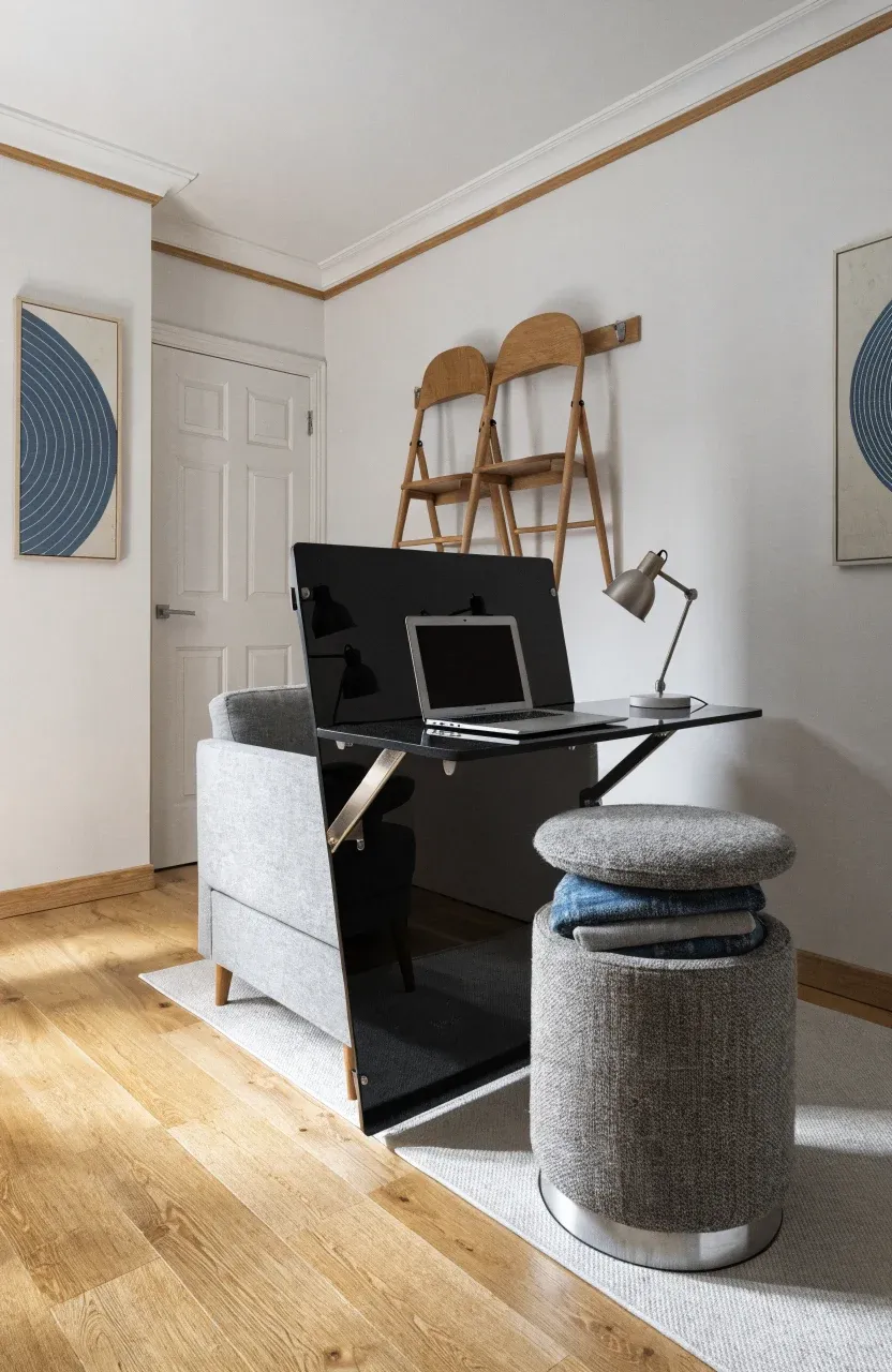 A tiny home living room with a folding wall desk, storage ottoman, and a sofa with slim legs.