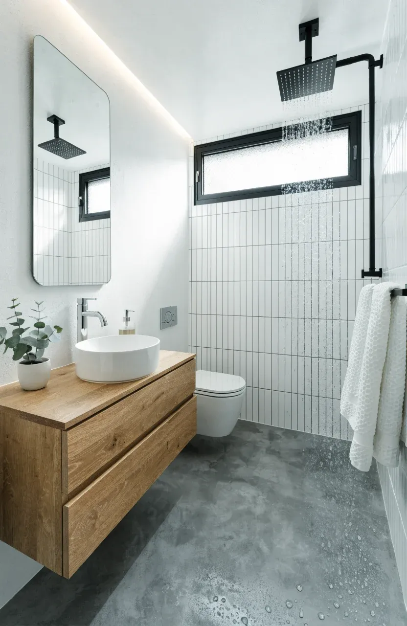 A modern tiny house wet room with a floating vanity, wall-mounted toilet, and gray microcement floors.