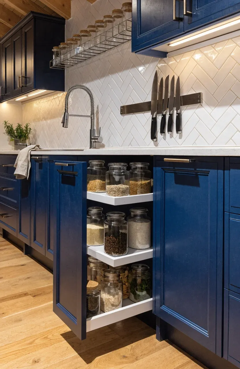 A tiny kitchen featuring navy cabinets with toe-kick drawers and a pull-out pantry shelf.