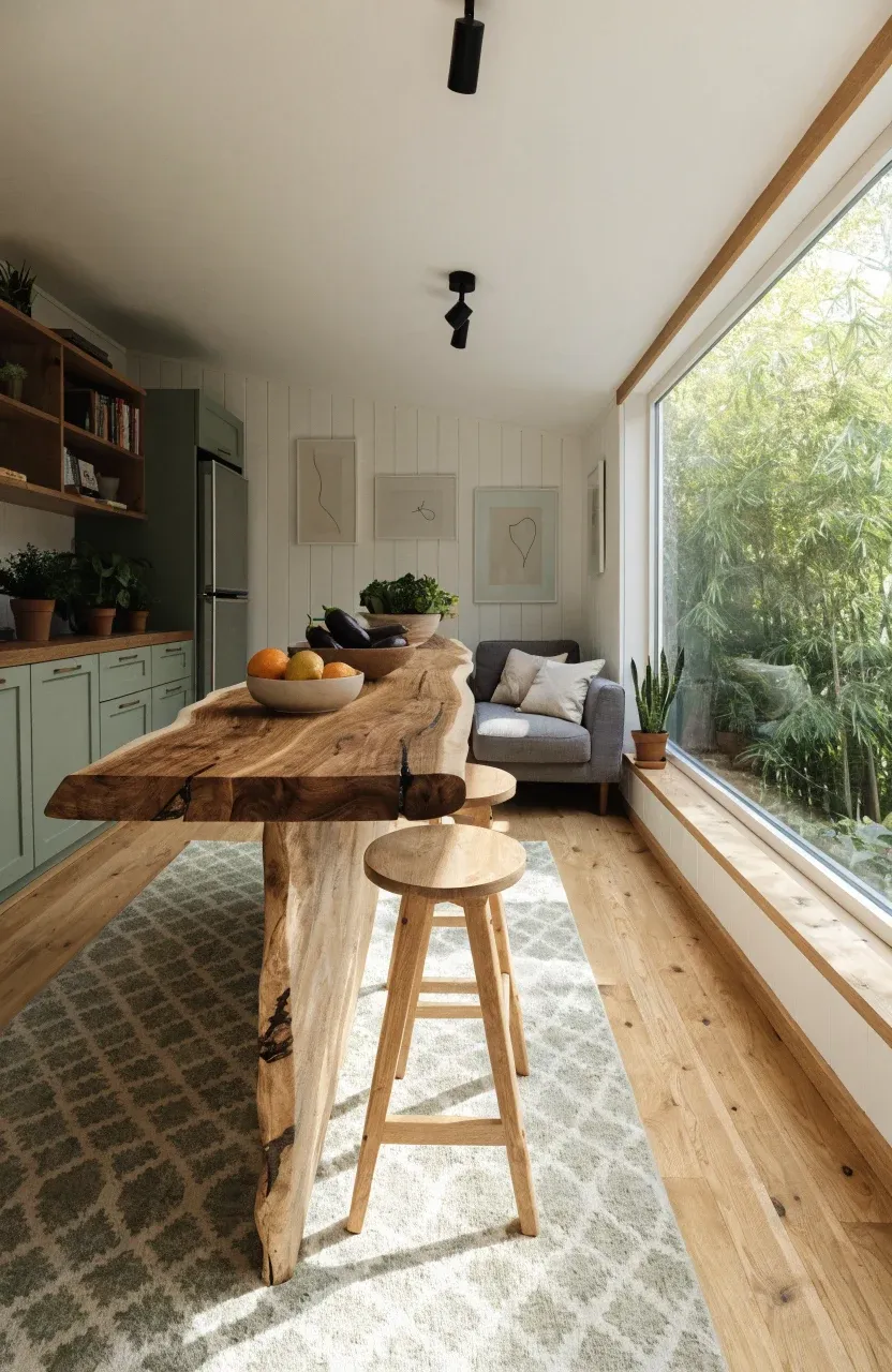An open-concept tiny house interior showing a sage green kitchen flowing into a cozy living area.
