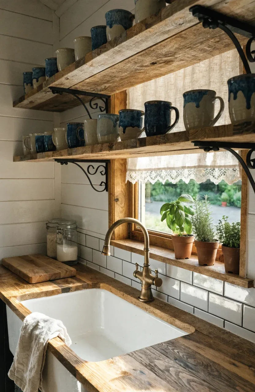 A cozy farmhouse tiny kitchen with a white apron sink, reclaimed wood shelves, and brass fixtures.