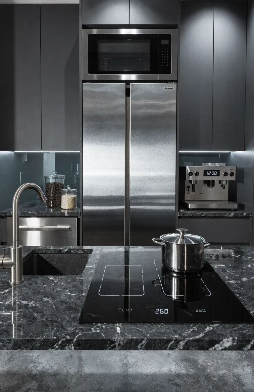 A sleek micro kitchen with a two-burner cooktop, slim dishwasher, and integrated convection oven.