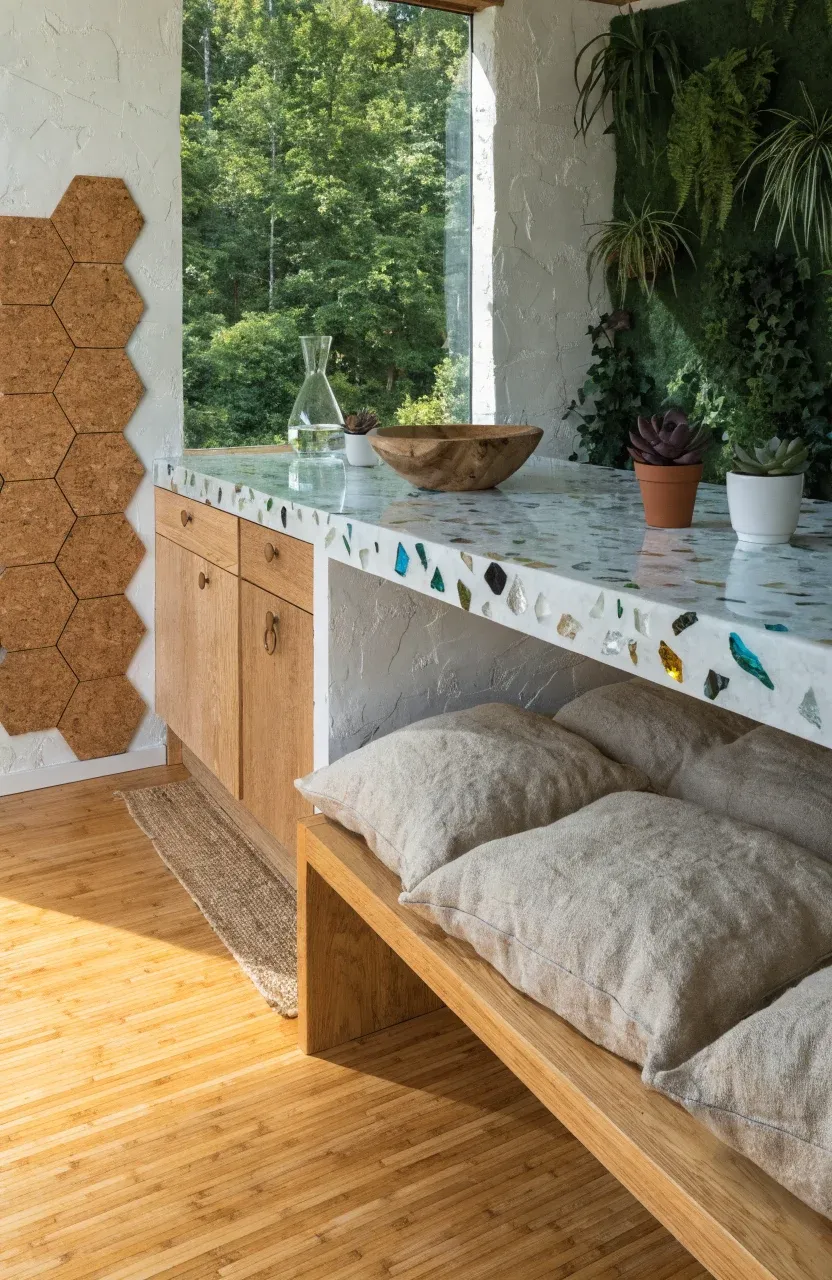 A sustainable tiny home interior with bamboo floors, recycled glass counters, and a vertical plant wall.