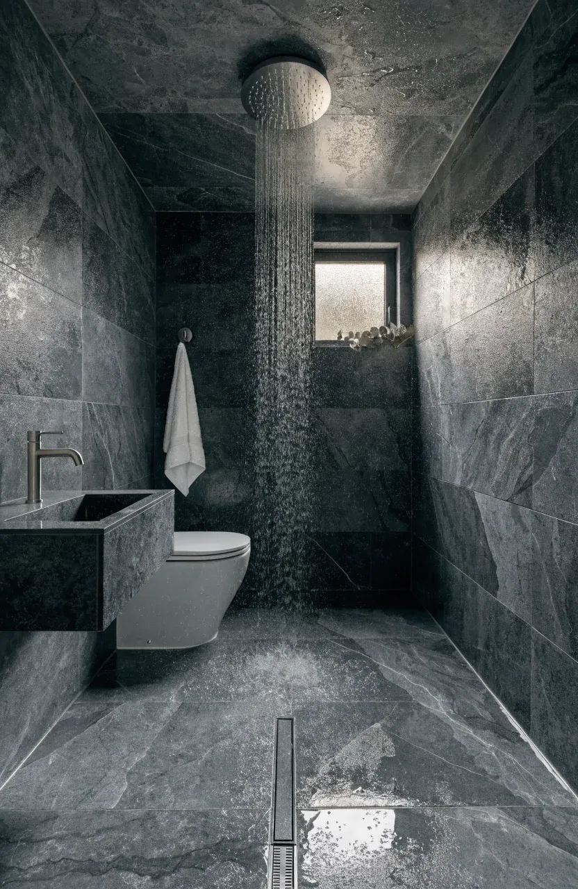 A modern tiny home wet room with gray stone tiles, a wall-mounted toilet, and a rainfall shower.