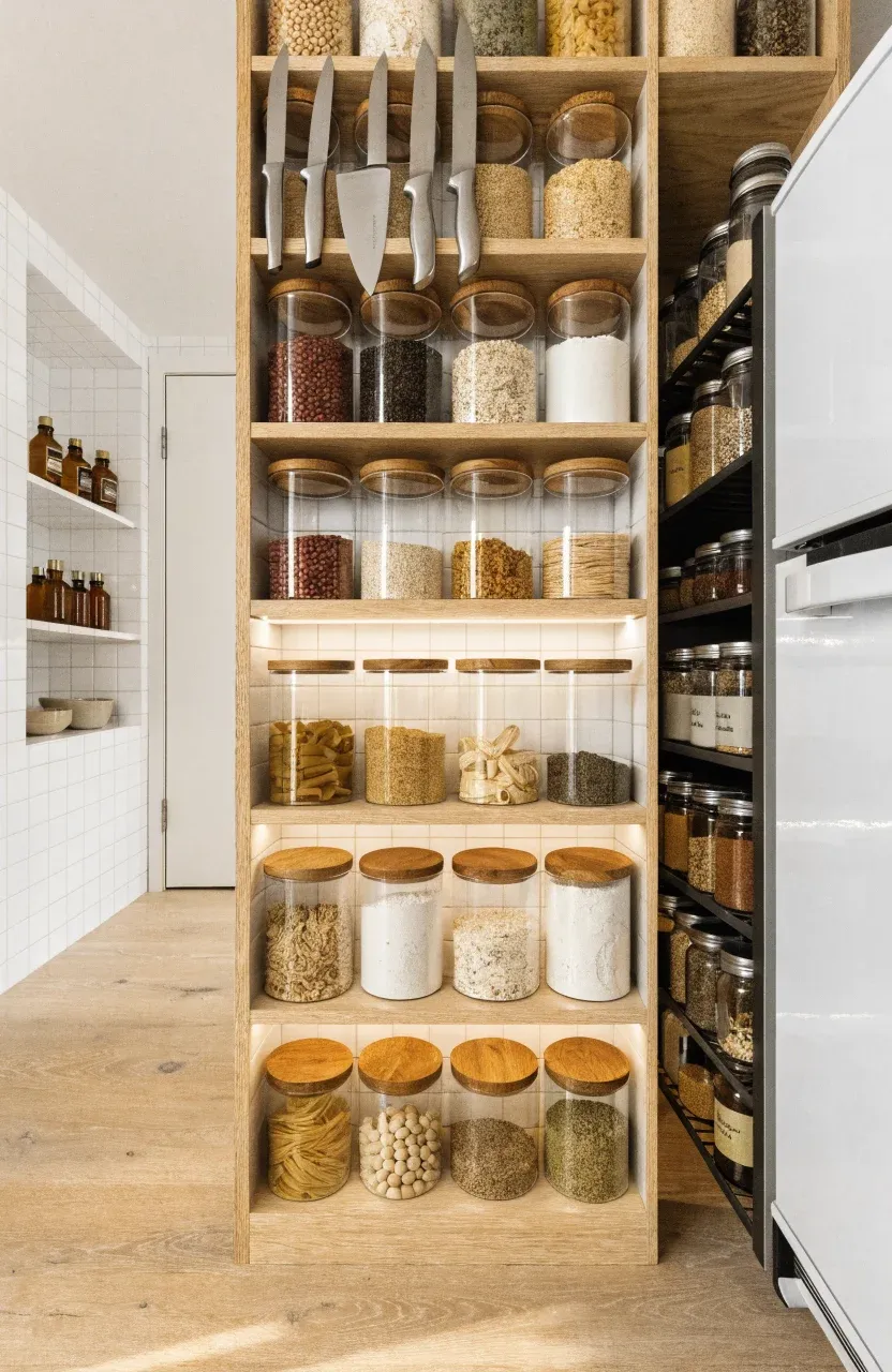 A micro kitchen featuring open oak shelves, a magnetic knife strip, and a slim pull-out pantry.