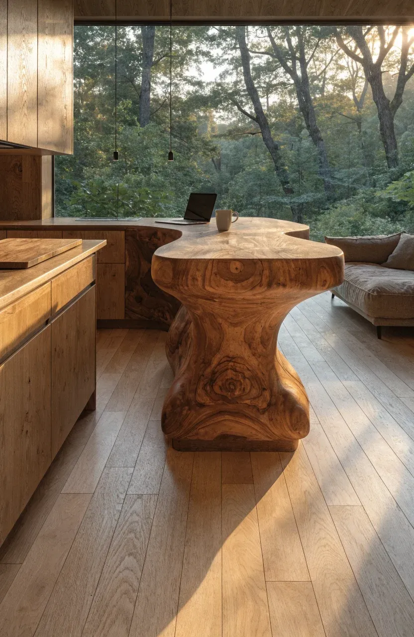 An open-plan tiny home showing a wood island connecting a kitchen to a cozy living area.