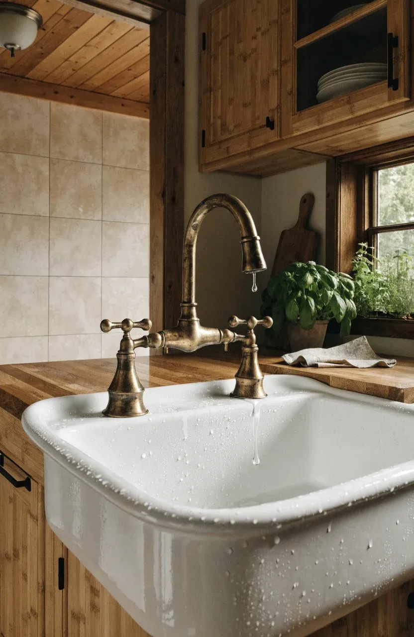 A farmhouse sink with bamboo cabinets and a view of large-format tiles in a wet room.