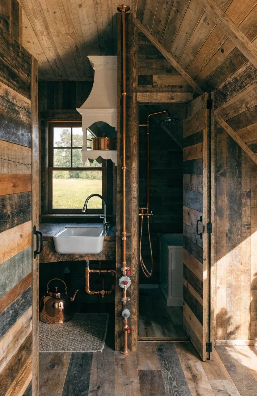 A tiny farmhouse layout with a shared plumbing wall, a kitchen sink under a window, and pocket doors.
