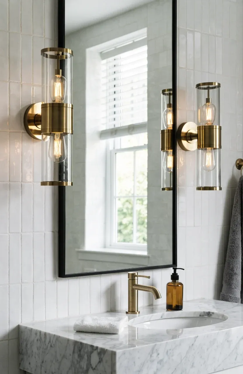 A bathroom vanity with two brass sconces mounted at eye level on either side of a black-framed mirror.