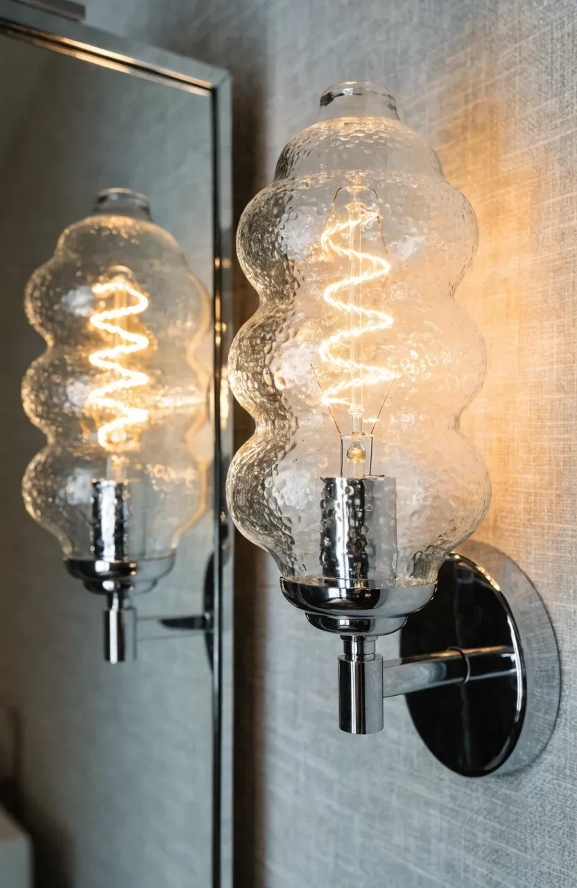 Close-up of a glass bathroom sconce with a warm LED bulb glowing against a textured grey wall.