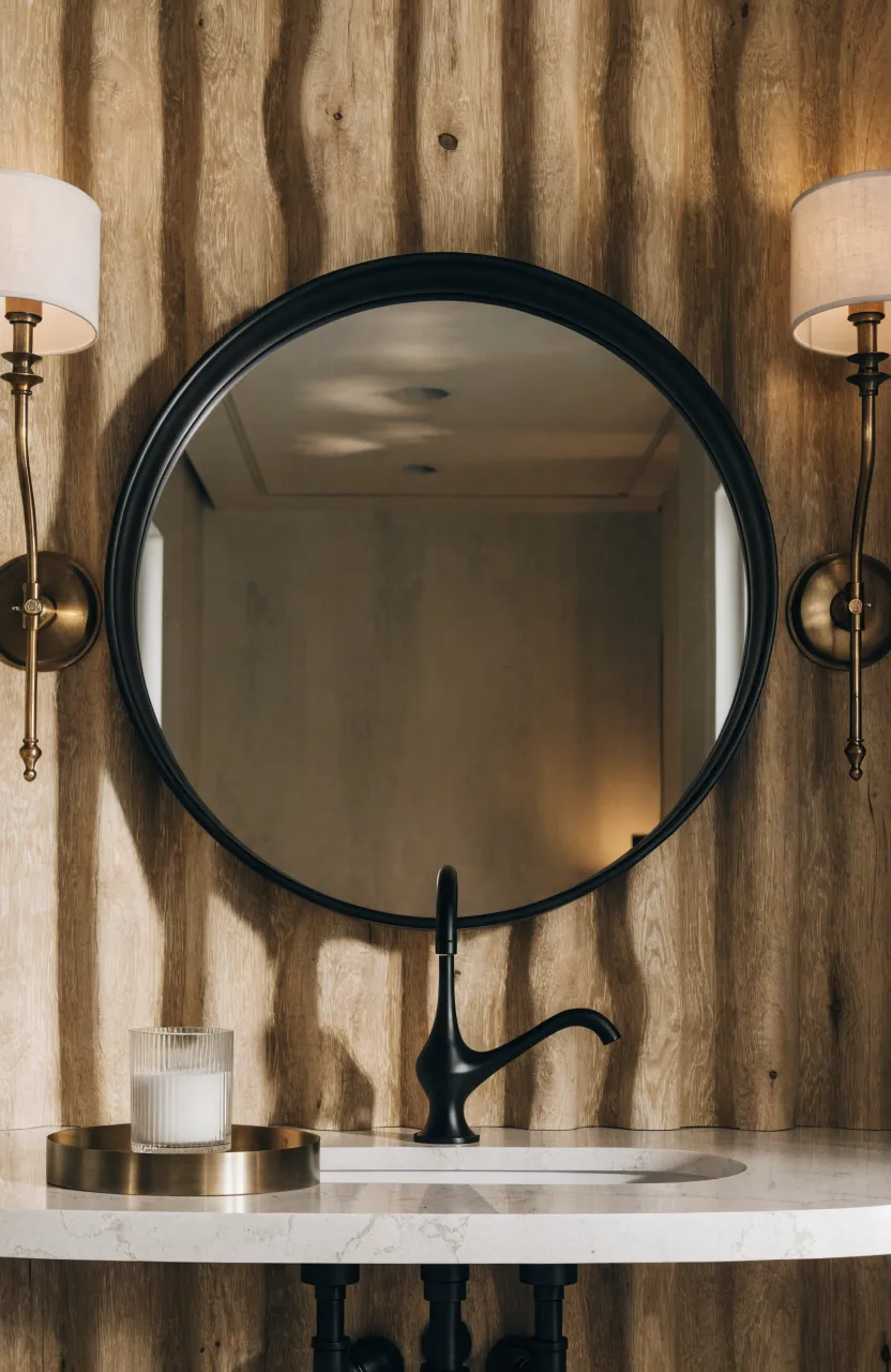 A black circular mirror flanked by two brass sconces against a light wood slat wall.
