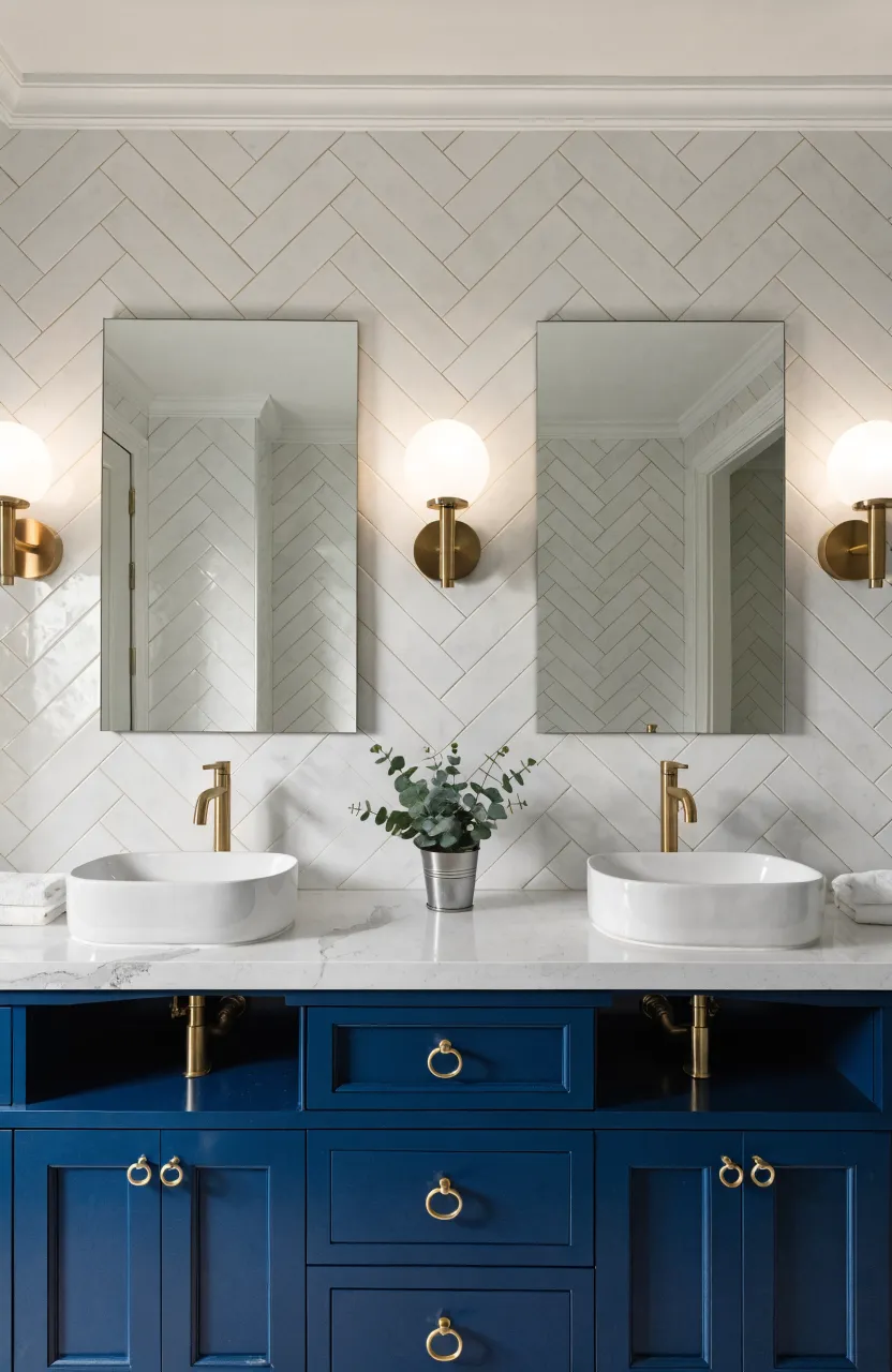 A navy blue double vanity with two mirrors and three gold globe sconces providing even light.