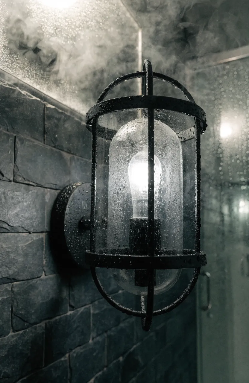 An industrial black sconce mounted on a dark slate wall in a steamy bathroom environment.