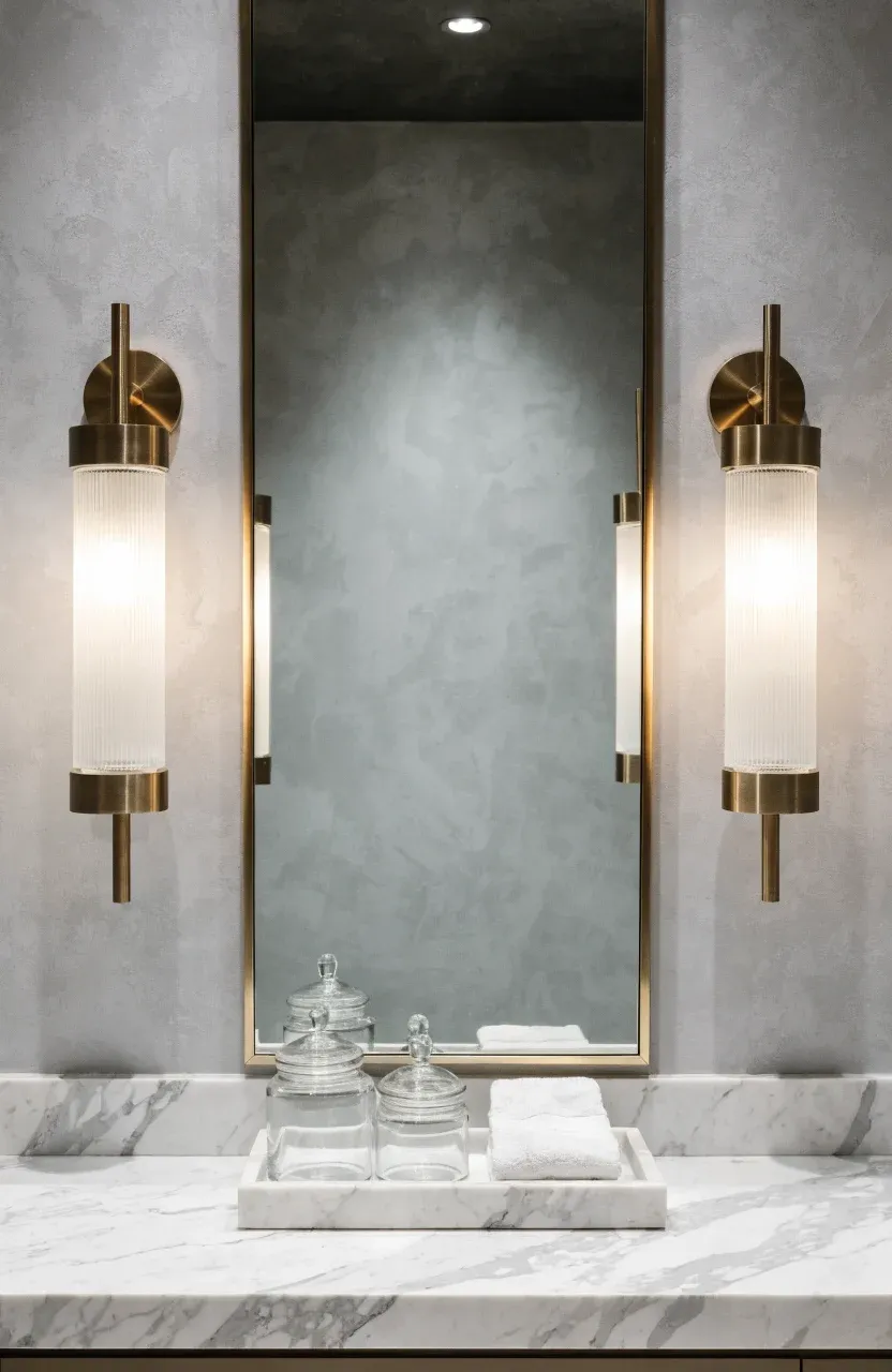 Symmetrical bathroom vanity with two brass sconces mounted at eye level beside a large mirror.