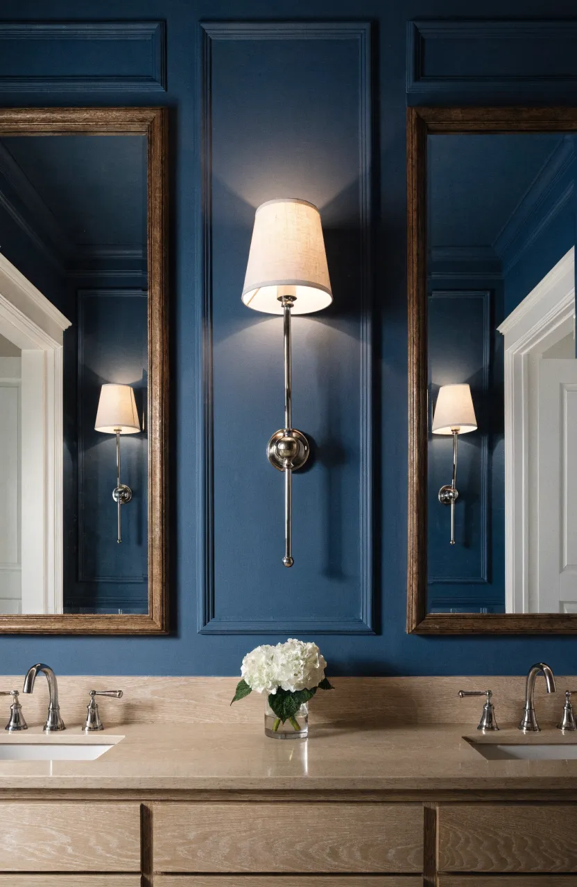 A wide double vanity with three polished nickel sconces and two mirrors against a navy wall.