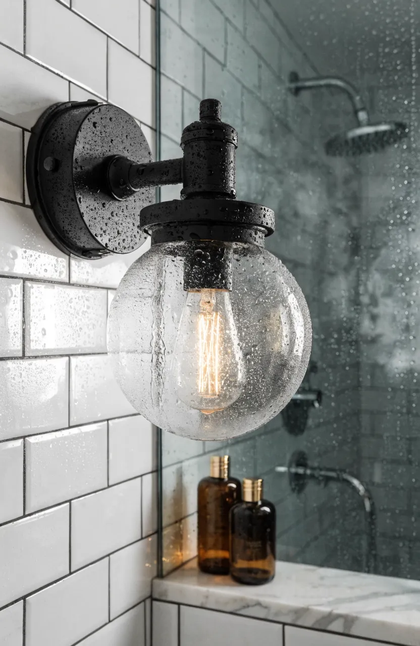 A matte black damp-rated wall sconce mounted on white subway tile in a humid bathroom.