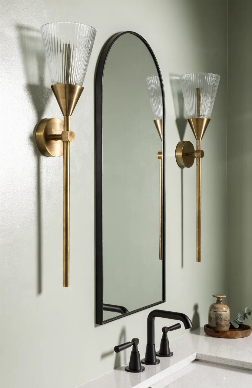 Antique brass wall sconces paired with a matte black faucet on a white quartz vanity.