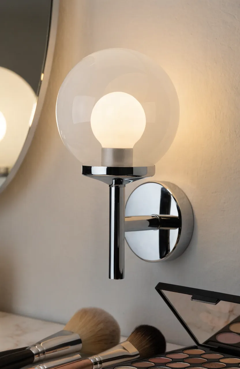 An opal glass wall sconce emitting a warm, diffused glow perfect for applying makeup.