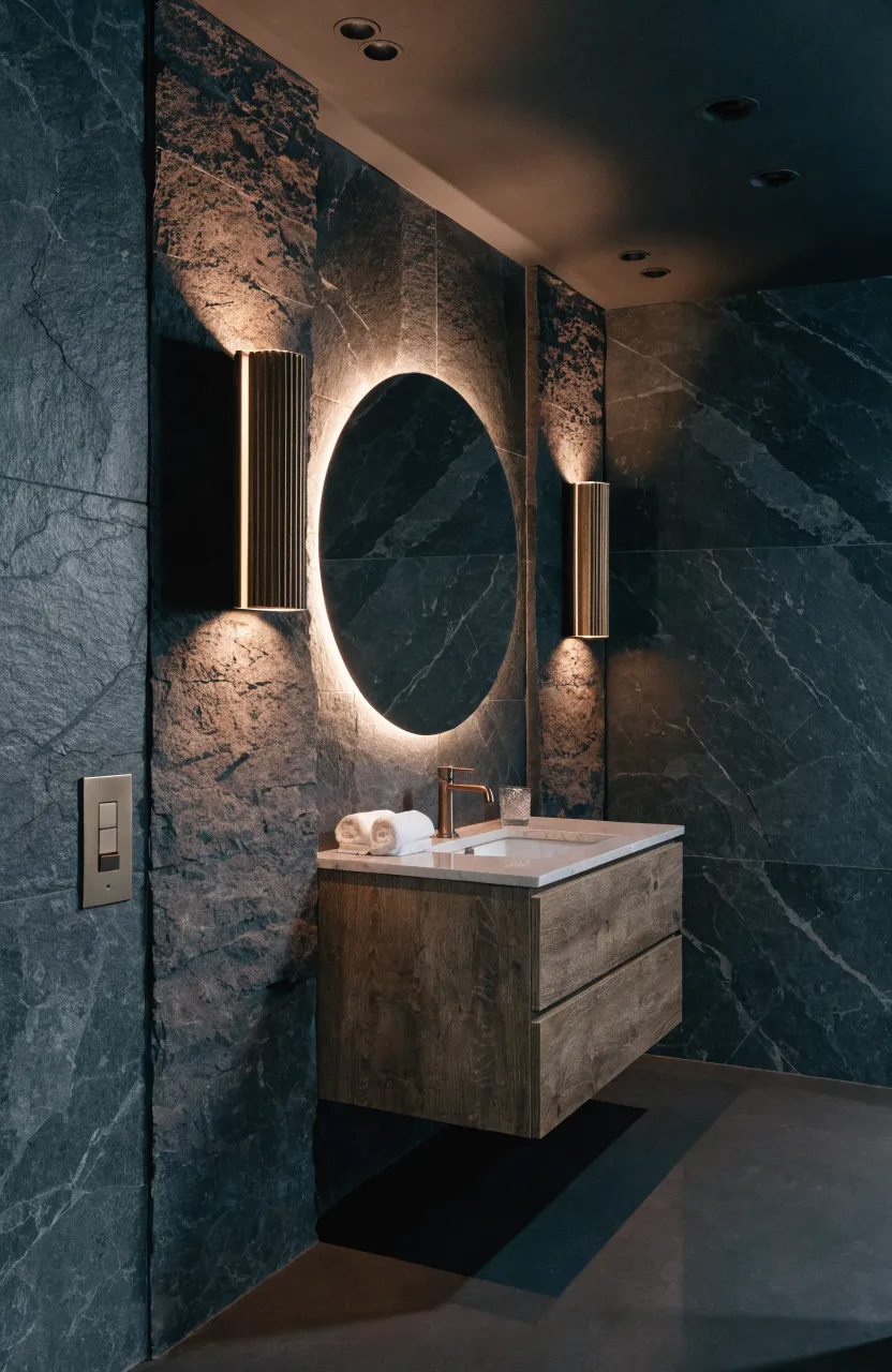 A moody bathroom with dimmed bronze sconces and a backlit mirror showing layered lighting.
