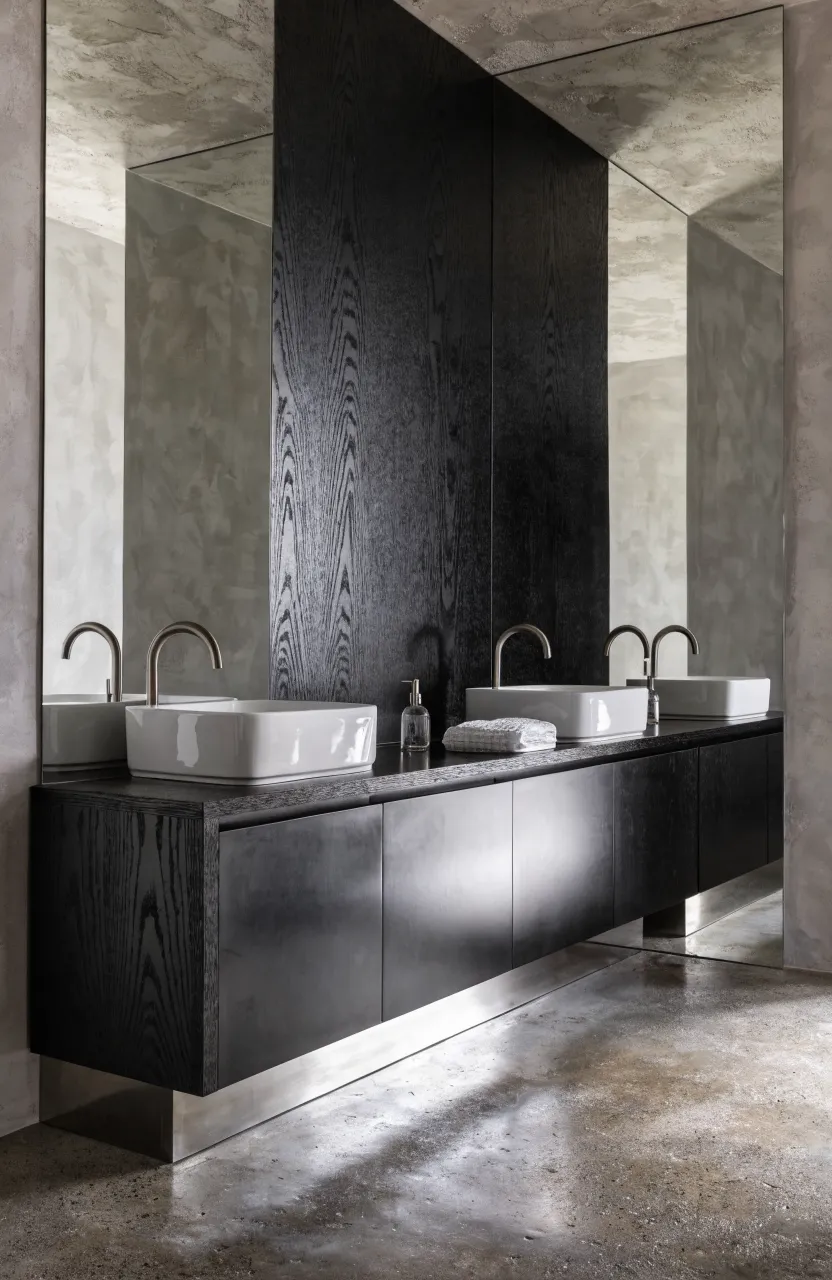 A modern black bathroom vanity showing a mix of natural wood grain and smooth satin finishes.