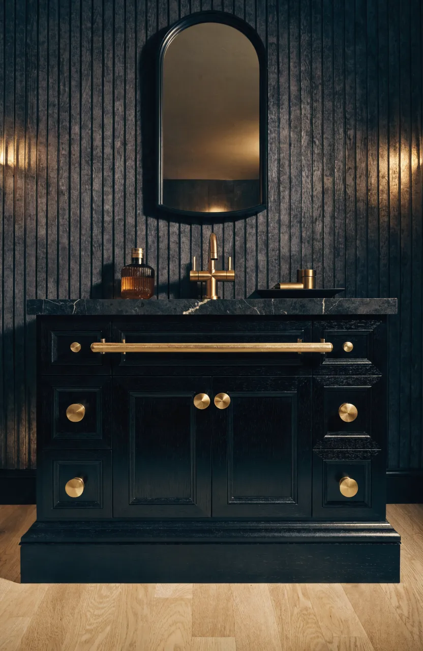 A black bathroom vanity with elegant brushed gold handles and a matching gold faucet.