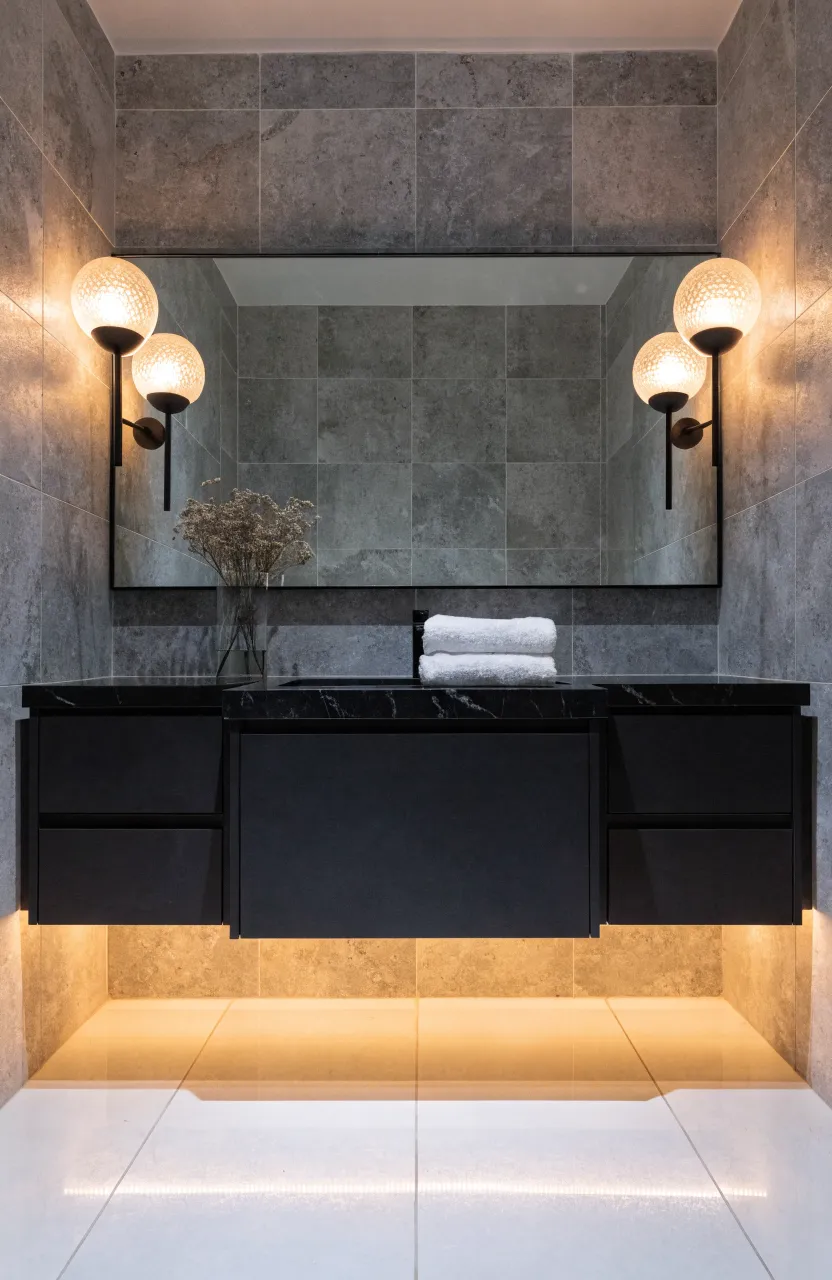 A black vanity area brightened by warm wall sconces and under-cabinet LED lighting.