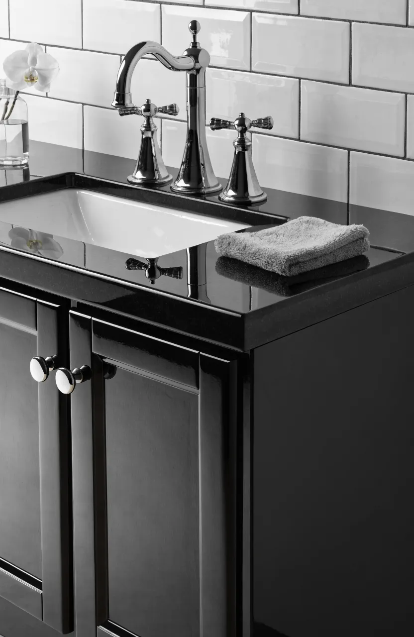 A perfectly clean black bathroom vanity with a chrome faucet and a soft cleaning cloth.
