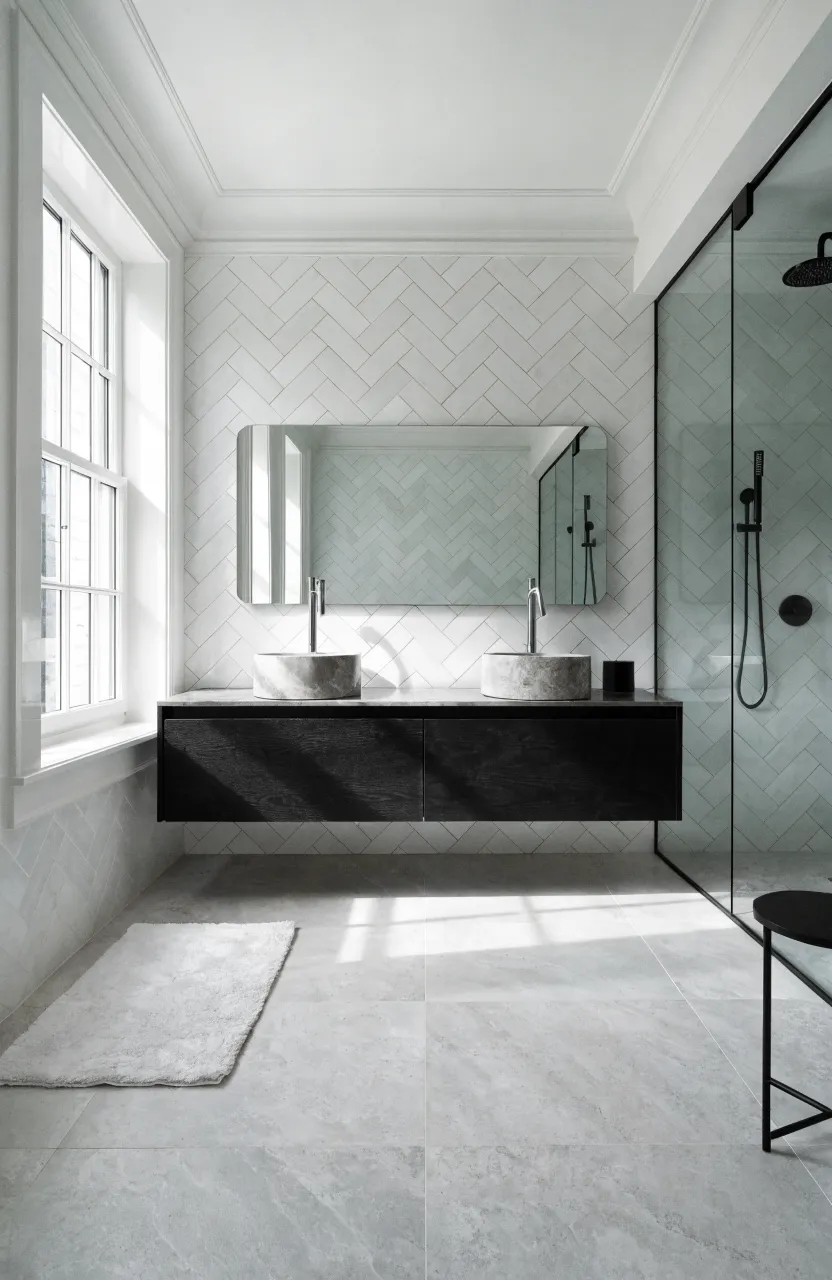 A black bathroom vanity standing out against light grey floor tiles and a white herringbone wall.