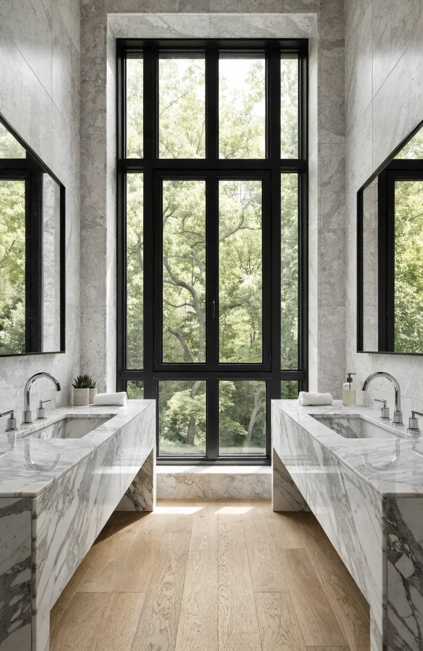 A symmetrical bathroom with two sinks on either side of a large central window.