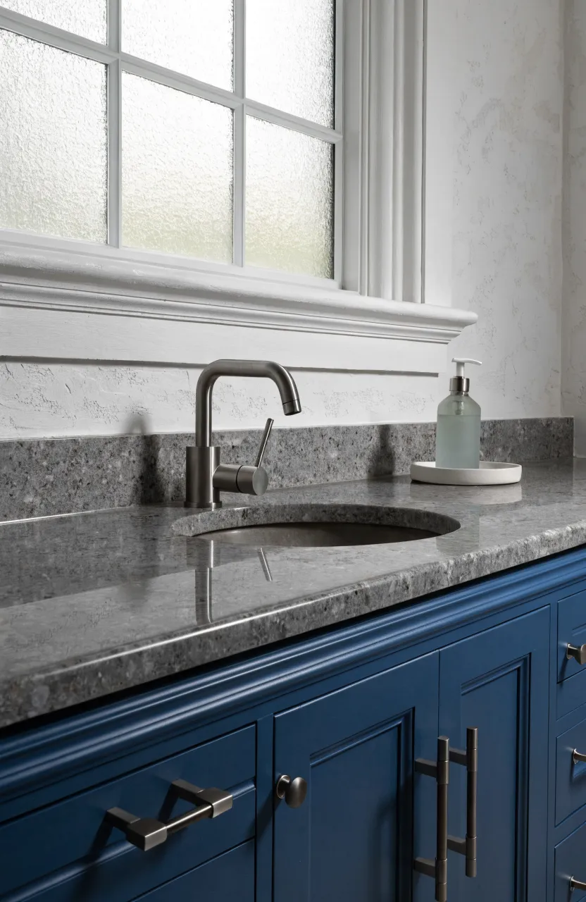 Close-up of a bathroom vanity countertop with a backsplash below a window sill.