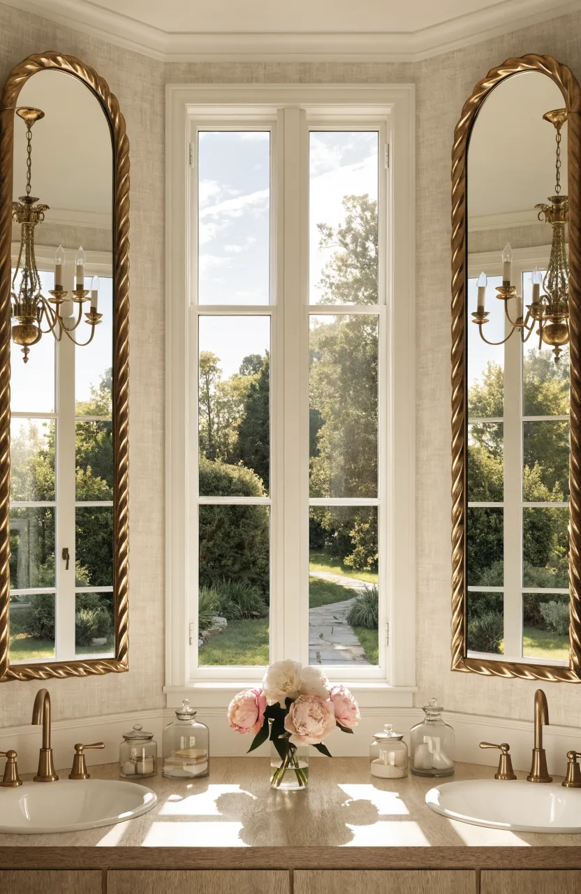 A double vanity with two arched gold mirrors placed on either side of a large window.