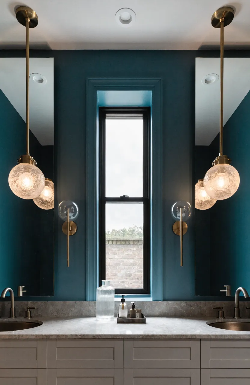 A bathroom featuring pendant lights and wall sconces surrounding a window and double vanity.