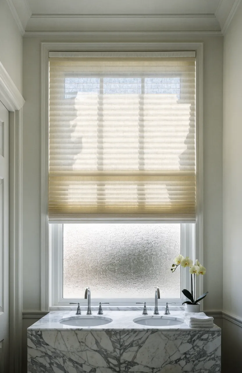A bathroom window with a top-down bottom-up shade providing privacy over a double vanity.