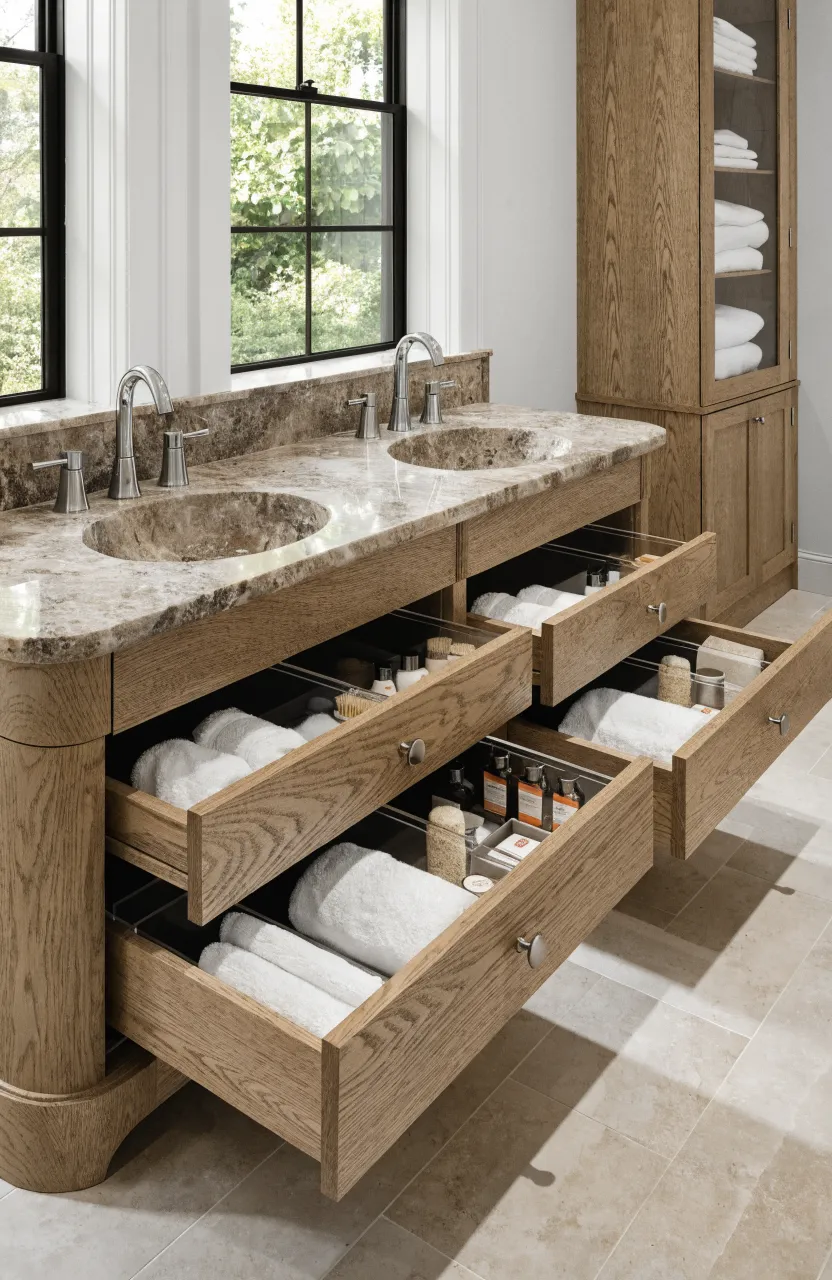 A double vanity with open drawers and a tall linen tower providing ample bathroom storage.